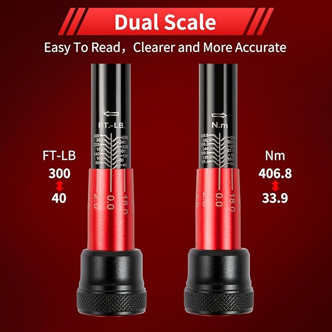 Hairich 1/2-Inch Drive Click Torque Wrench, Dual-direction 40-300ft.lb/33.9-406.8Nm, 72-tooth Torque Wrench with Dual Range Scales, ±3% High Precision