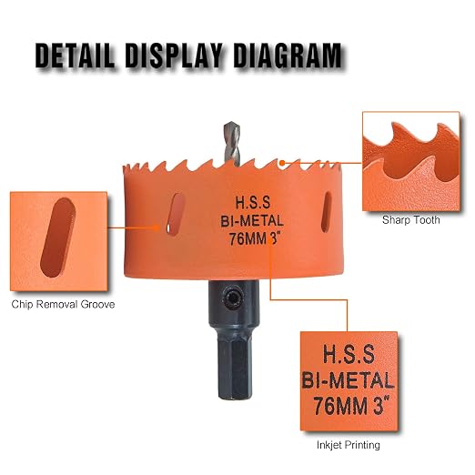 3 inch Hole Saw with Arbor for Metal Wood Plastic, 76mm Bi-Metal Hole Cutter for Different Project with Smooth and Flat Drilling Edge, Fast Chip Removal