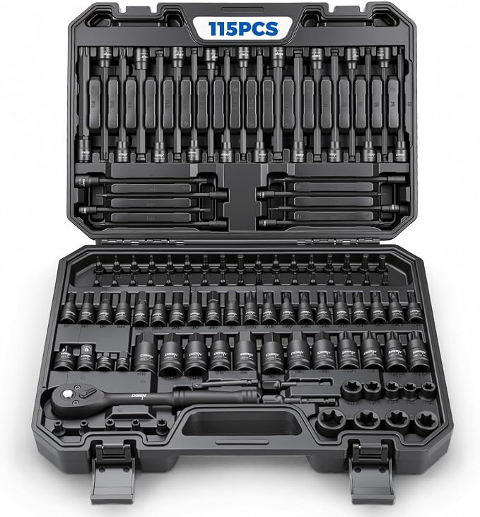 115 Pieces Torx and Allen Bit Socket Set with Ratchet Wrench | 1/4", 3/8",1/2" S2&CRV Drive Bit Extra Long, Torx, Hex, Ball End, Tamper Proof, SAE & Metric
