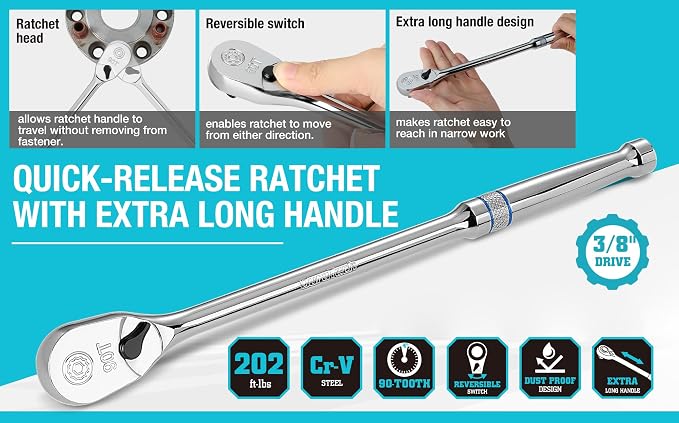 DURATECH Extra Long Handle 3/8-Inch Drive Ratchet, 90-Tooth Ratchet Wrench | Socket Wrench with 12" Handle and Dust Proof Teardrop Enclosed Head, Reversible, CR-V Steel Made, CR-MO Head, Full Polished