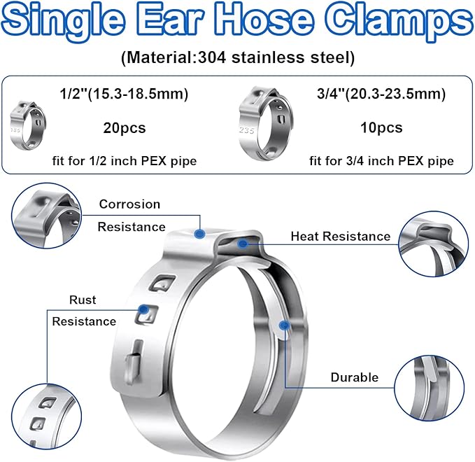Tnisesm Pex Crimping Clamp Cinch Tool Kit with 20PCS 1/2-inch and 10PCS 3/4-inch PEX Clamps and Pex Pipe Cutter