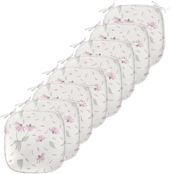 Lunarable Echinacea Chair Seating Cushion Set of 8, Spring Romance Repeating Floral Pattern in Pastel Tones, Anti-Slip Seat Padding for Kitchen & Patio, 16"x16", Off White Pale Pink