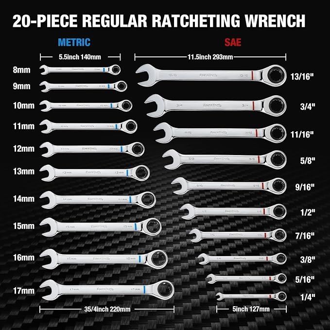 DURATECH 32-Piece Ratcheting Combination Wrench Set | 20PCS Combo Wrench Set & 12PCS Stubby Wrench Set, SAE & Metric, CR-V Steel, with Rolling Pouch