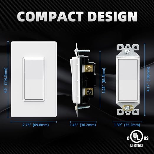 ELEGRP Matte White 3 Way Decorative Light Switch with Plate, 15 Amp, 120-277 Volt, AC Rocker Paddle Wall Switch Replacement, Self-Grounding, Residential Grade, w/Wall Plate, UL Listed (10 Pack)
