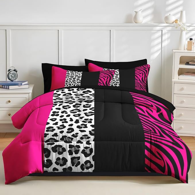Nesker Comforter Set Queen Size, Leopard Color Block Pink 7 Pcs Bedding for Kids and Adults, Wild Zebra Print Bed Sheet Sets with Fitted Sheet 2 Pillowcases & 2 Shams