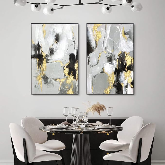 Zessonic Black Abstract Wall Art Decor - 2 Pack 24" x 36" Black and Gold Canvas Wall Decor with Hand Texture for Living Room, Bedroom, Office, Framed, Ready to Hang