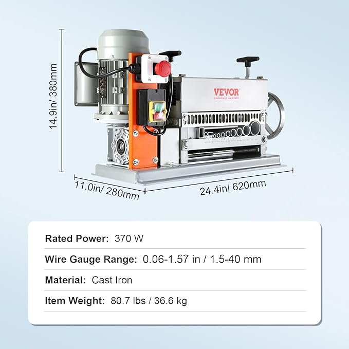 VEVOR Electric Wire Stripping Machine, 0.06''-1.42'' Automatic Wire Stripper Machine, 370 W, 88 ft/min Wire Stripper with An Extra Manual Crank, 11 Channels Electric Wire Stripper, Copper Stripper