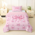 Feelyou Cute Pink Bowknot Comforter Set Toddler Size Love Hearts Bow Bedding Set for Kids Boys Girls Princess Bow Duvet Quilt Bedroom Decor Microfiber 2 Pcs with 1 Pillow Cases