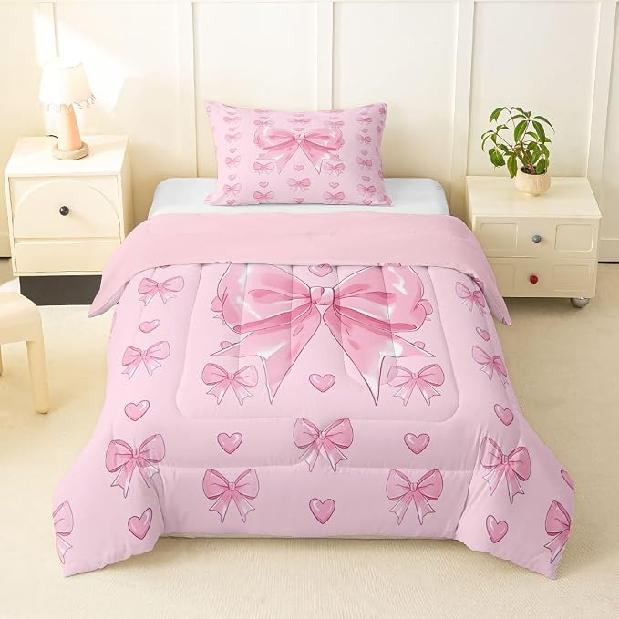 Feelyou Cute Pink Bowknot Comforter Set Toddler Size Love Hearts Bow Bedding Set for Kids Boys Girls Princess Bow Duvet Quilt Bedroom Decor Microfiber 2 Pcs with 1 Pillow Cases