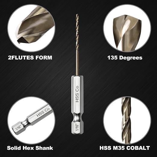 1/16 Drill Bit for Metal(10pcs), M35 Cobalt Hex Shank Quick Change Small Drill Bit Set, with Storage Case