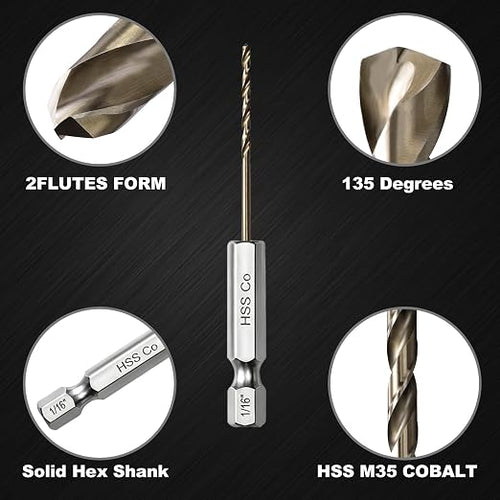 1/16 Drill Bit for Metal(10pcs), M35 Cobalt Hex Shank Quick Change Small Drill Bit Set, with Storage Case