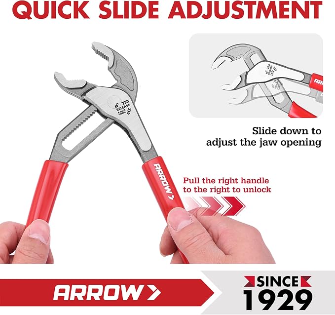 Arrow 2-Piece V-Jaw Groove Joint Pliers Set (8" & 10"), Quick Adjustable Water Pump Pliers with 18 Positions, CR-V Steel, for Plumbing, Automotive, Mechanical Repair and Household Use