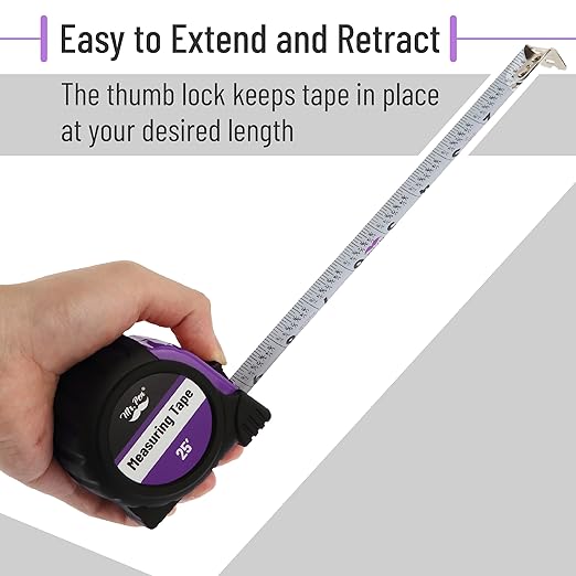 Mr. Pen- Retractable Tape Measure 25 ft, Purple, Easy Read, Steel Retractable Measuring Tape with Fractions, Ideal for Construction & DIY Projects