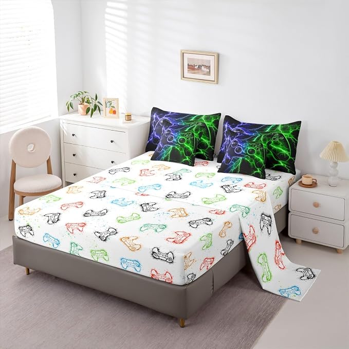 Erosebridal Gamer King Size Comforter Set with Sheets, Gaming 7 Piece Bedding Set Game Boy Games Bed in a Bag, Blue Green Lightning Room Decor,Kids Room Decor