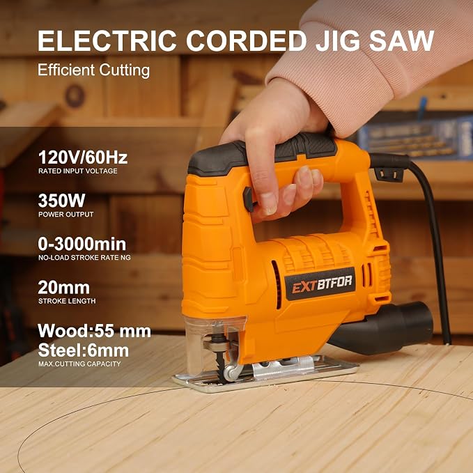 Jig Saw,350W 45 Bevel Cutting, 0-3000RPM Wood Cutter Hand Saw | Electric Jigsaw Tool with 2Pcs Blades for Small Woodworking and DIY Projects