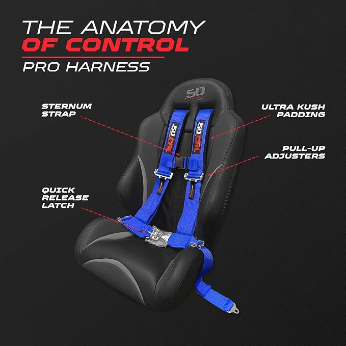 1pc 50 Cal Blue 4 Point Harness 2" straps, Racing Harness Seat Belt | Ultra Kush padding, Push Button quick release hardware. Universal Fit for UTV, RZR, race car