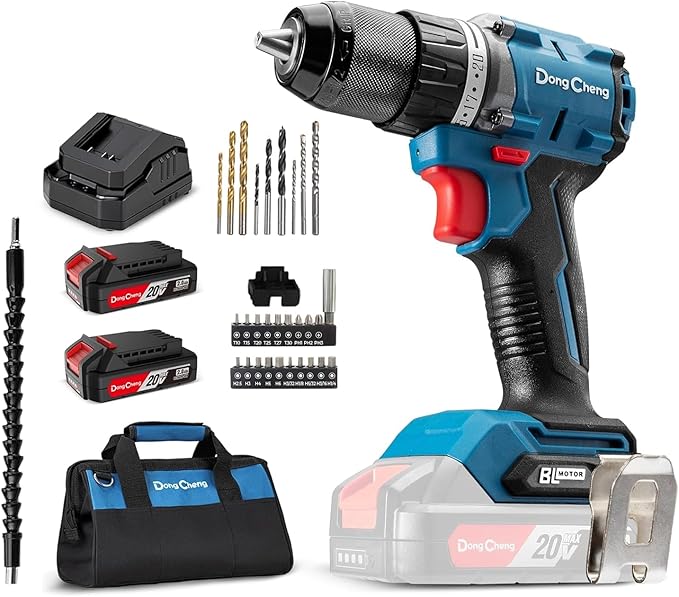 Dong Cheng 20V Brushless Heavy-duty Impact Drill, 531in-lbs, with 2 x 2.0Ah Battery, 1/2" Keyless All Metal Chuck, 20+1+1 Clutch, Cordless Hammer Drill Kit for Drilling Brick Wall, Metal, Wood