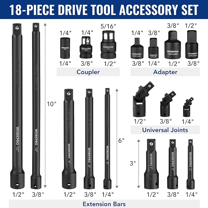 WORKPRO 18-Piece Impact Socket Extension Set, 1/4", 3/8" & 1/2" Drive | Includes Socket Adapters, Ratchet Extension Set, Socket Extension Bar, Swivel Universal Joints and Impact Coupler