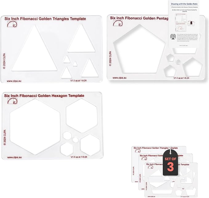Fibonacci 6" 3-Piece Drawing Template Set, Golden Ratio Stencils | Australian Designed and Made; Triangle, Pentagon and Hexagon; PETG