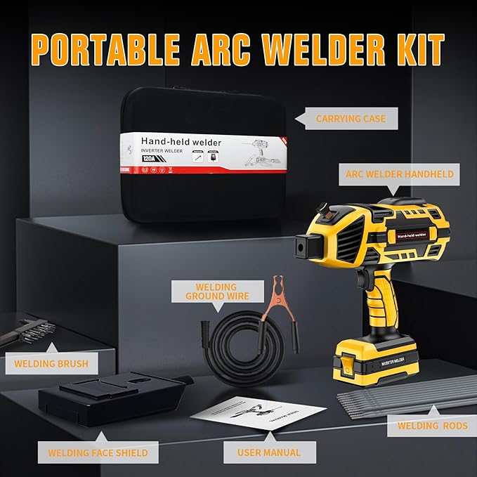 TRQWH Portable Handheld Welding Machine 110V IGBT Inverter Hand held Welder Gun, 20-120A Portable Welder 5 Variable Current Adjustments ARC Welding Gun, Fit for 1/16"-1/8" Welding Rods (Yellow)