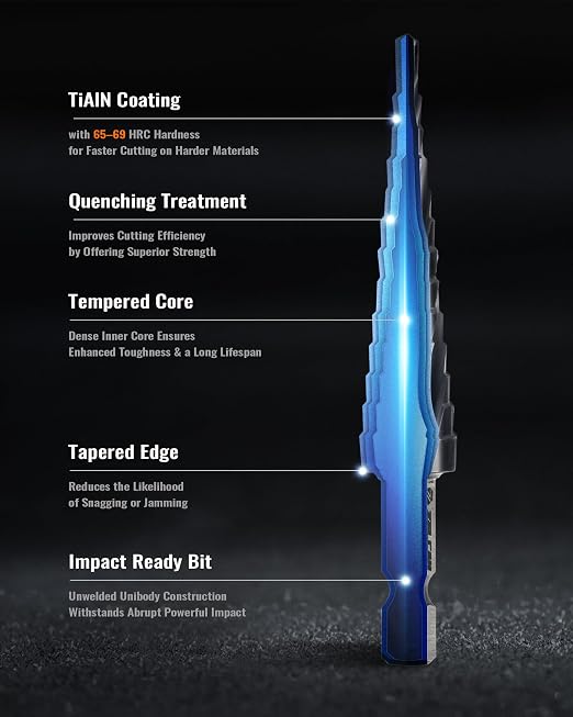13 Sizes M35 Cobalt Step Drill Bit, 1/8" to 1/2" Four Spiral Flute Step Drill Bit for Metal, Titanium-Coated HSS Step Bit with 1/4" Hex Shank for Stainless Steel Aluminum Copper Wood Plastic