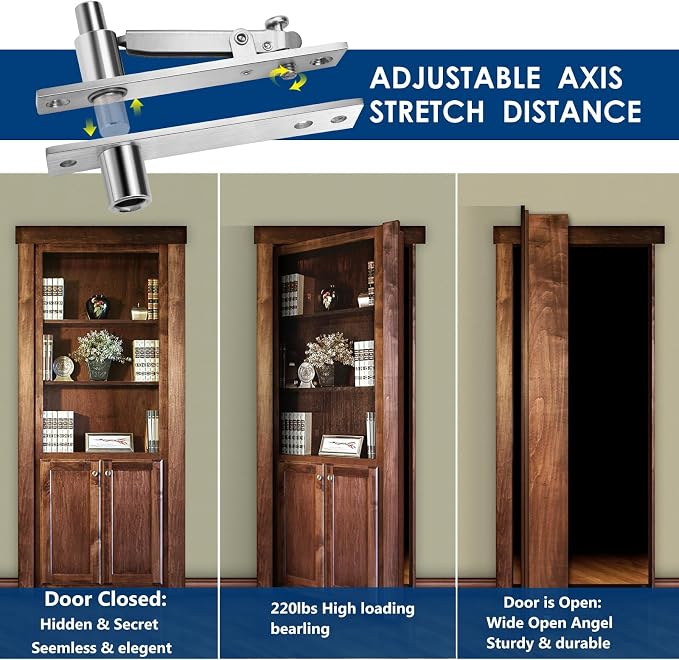 Heavy Duty Pivot Hinge Set with Magnetic Door Catch for Wood Door, HBL' Hidden Door Hinge for Secret Door, Swing Door, with 360 Degree Rotation, Invisible Pivot Door Hardware for Bookshelf.