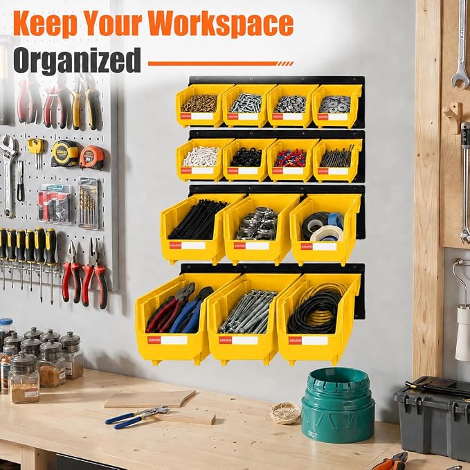14pc Wall-Mounted Organizer V1 V2 V3 Master Combo Set Yellow | Heavy duty metal rails multi-size bins master set for garage screws, tools, batteries & wrenches.
