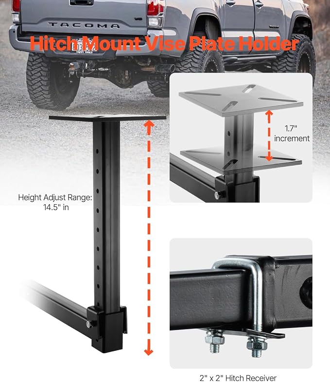 VEVOR Heavy-Duty Pipe Chain Vise, 1/8" - 5" Pipe Capacity, 26" Rugged Chain & Cast Iron Base, Hitch Mount Vise Plate Holder With Adjustable Height - Fits 2 inch x 2 inch Receiver