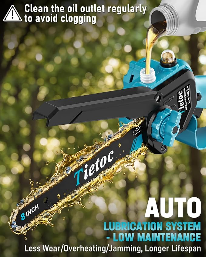 TIETOC 2-in-1 Brushless Pole Saw for Tree Trimming – 8/6" Mini Electric Chainsaw with 2×4000mAh Batteries, Auto Oiling, Tool-Free Adjustment,Cordless Battery Powered Saw for Home Garden Branch Cutting
