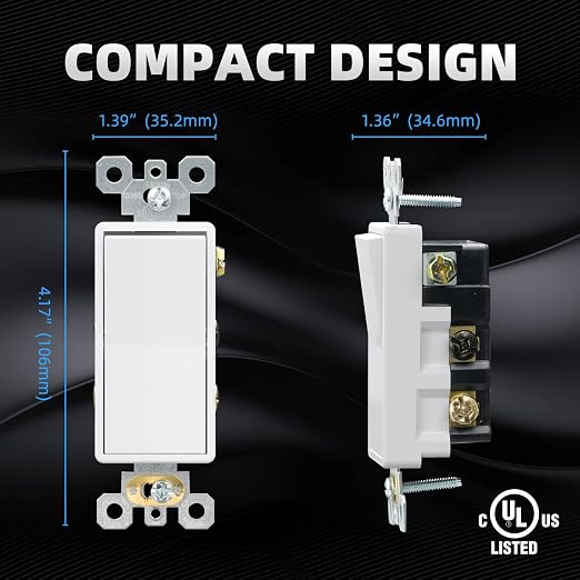 ELEGRP 4 Way Decorative Light Switch, 15Amp, 120-277 Volt, AC Decorator Rocker Paddle Wall Switch Replacement, Self-Grounding, Residential and Commercial Grade, UL Listed (10 Pack, Glossy White)