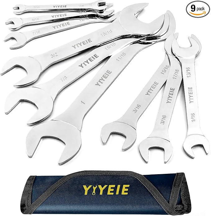 YIYEIE 9Pcs Super-Thin Wrench Set, 3mm Ultra-Slim Open End Wrench Set | SAE 1/4" to 1-1/16", Flat Wrenches for Tight Space, 3mm Thickness, Low-Profile, CR-V Steel, with Mirror Finish