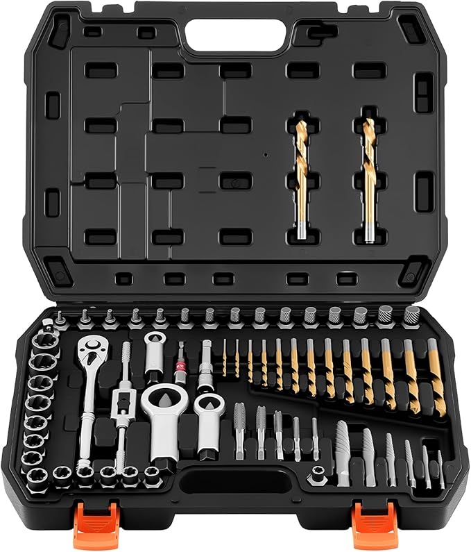 VEVOR 63-Piece Bolt Extractor Kit & Screw Extractor Set, Lug Nut Removal Tool with Left Hand Drill Bit Set, Nut Splitters, Taps & Tap Wrench, Ratchet, Adapters for Removing Rounded, Broken, Stripped
