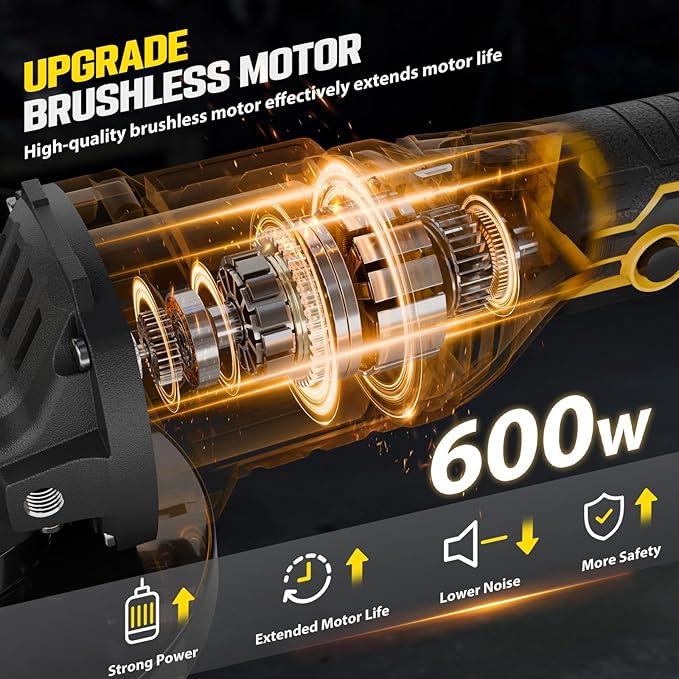Cordless Angle Grinder 4-1/2 Inch, Brushless Grinder Tool Kit, 2 x 21V 4.0Ah Batteries, 10000RPM Cordless Grinder, Cut Off Tool for Metal Cutting, Grinding, Polishing, Rust Removal (Yellow)