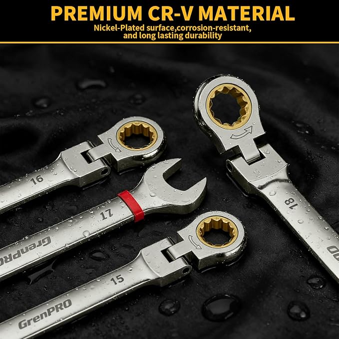 GRENPRO 23PC Flex Head Ratcheting Wrench Set Metric&SAE OpenEnd Combination | 1/4"-3/4"&6-18MM Bolt Gauge, Gray Nickel CR-V 72-Tooth 5-Degree Swing 12Pt Color Rings, Storage Box For Auto & Home Repair