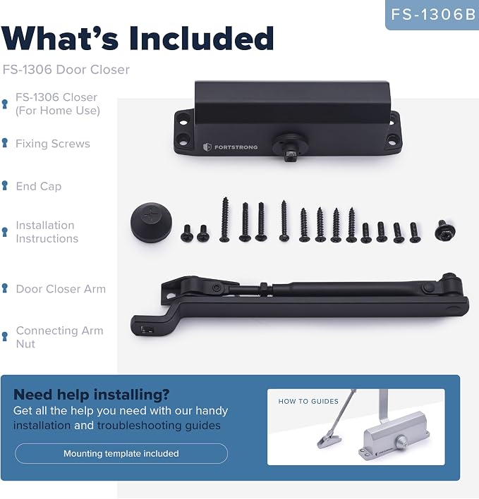 Automatic Door Closer (Black), FS-1306B Residential Hydraulic Auto Door Closer, Grade 3 Self Closing Spring Hinge, UL Listed & ADA Soft Closers No Slam, for Home & Interior Garage Doors Closure