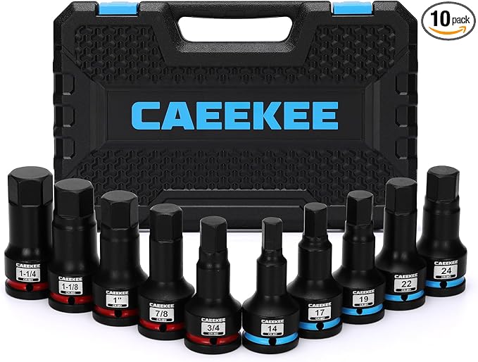3/4" Drive Master Impact Hex Bit Socket Set, 10 Pieces Allen Bit Socket Set, Cr-Mo, SAE/Metric, 3/4" - 1-1/4", 14mm - 24mm, Heavy Duty Storage Case
