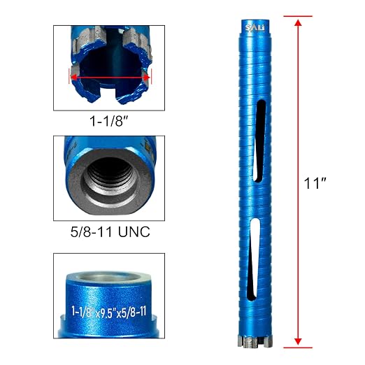 SALI Diamond Core Drill Bits 1 1/8" Diameter 10"/254mm Drilling Depth 5/8-11" Thread Core Bit Turbo Laser-Welded Segments for Cured Concrete with, Brick, Block, Masonry, with Two Adapters