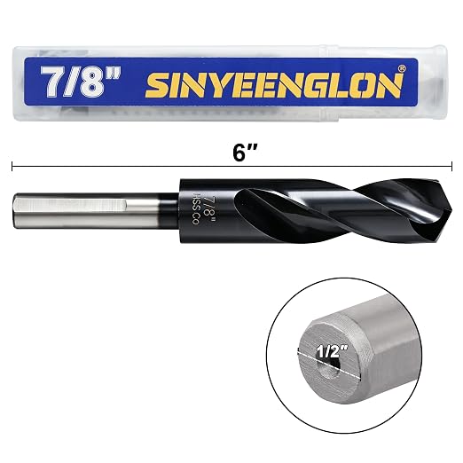 7/8 Drill Bit for Metal and Hardened Steel, M35 Cobalt 1/2 Inch Reduced Shank Industrial Grade Heavy Duty Drill Bit, with Index Storage Case