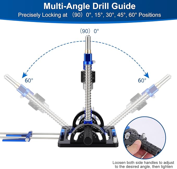 Upgraded Portable Drill Guide, Adjustable 0°to 60°Multi Angle Drill Guide for Straight Holes, Drill Press Adapter for Hand Drill, with 1/2" Chuck, Key, Guide Rod Precision Drilling Jig,Heavy-Duty