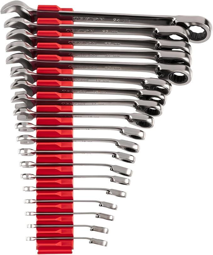 TEKTON Reversible Ratcheting Combination Wrench Set, 19-Piece | WRC94303 | (6 - 24 mm), 12-Point, Satin Chrome Finish, Modular Organizer