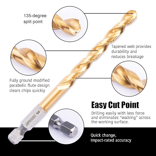 JEFE HEX 1/4" HSS Twist Titanium Drill Bits, Hex Shank for Quick Change, 135 Degree Easy Cut Split Point Drill Bit for Steel, Copper, Aluminum, Zinc Alloy, Wood, and Plastics (Pack of 6).