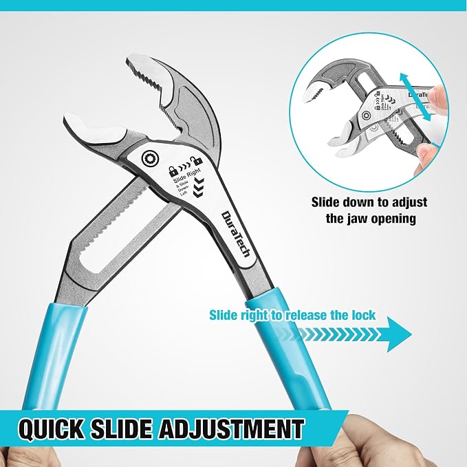 DURATECH 3-Piece Water Pump Pliers Set(8", 10", 12"), Quick-Adjust Groove Joint Pliers with Slide-to-Unlock Mechanism, V-Jaw Design, CR-V Steel, for Plumbing, Automotive, and Household Repairs