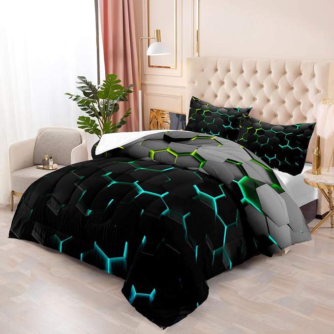 Geometric Green Black Neon Comforter Set,Light Honeycomb 3 Piece Bedding Set Queen for Teen Boys,Modern Bedding Quilt Set Geometry Decor,Microfiber Lightweight 1 Comforter 2 Pillowcases All Season