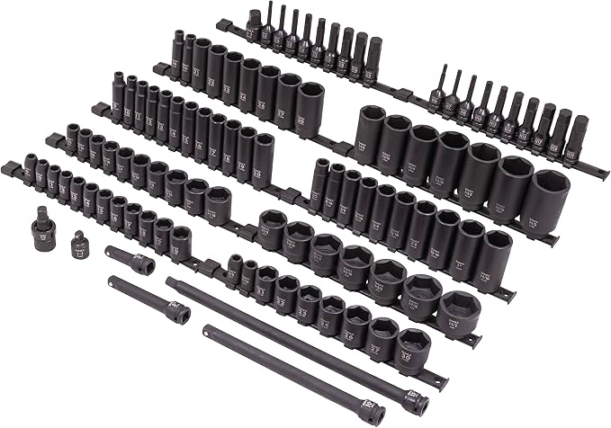 SUNEX 26102 1/2" Drive SAE & Metric 6 Point Standard & Deep & Hex Bit Master Impact & Bit Socket Set, 102-Piece