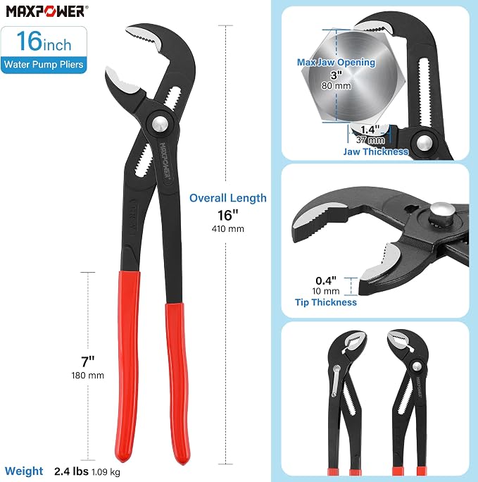 MAXPOWER 16 inch Water Pump Pliers with 3 inch Jaw Capacity Opening Push Button Tongue and Groove Pliers