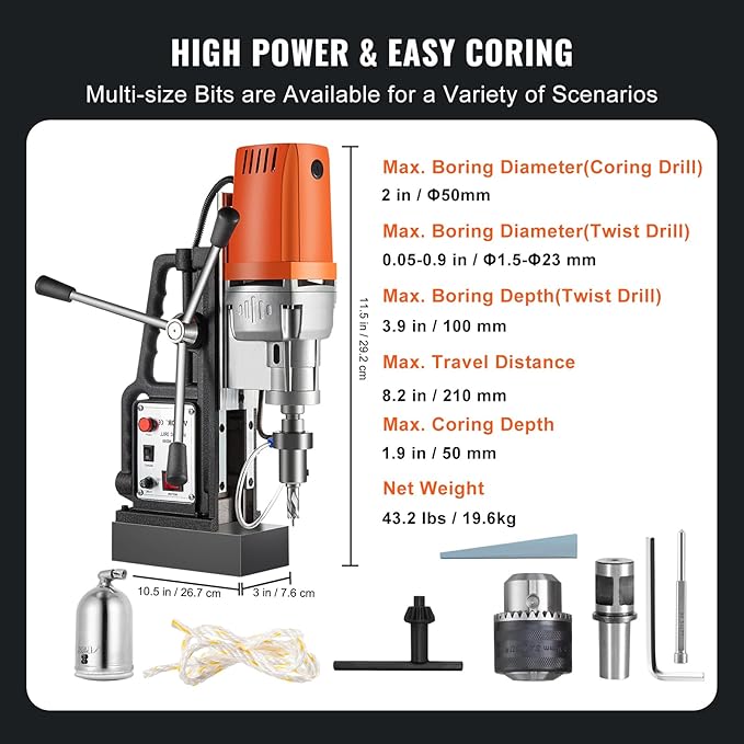VEVOR 1680W MD50 Magnetic Drill 300 RPM Spindle Speed Electric Magnetic Drilling System with 2 Inch Boring Diameter and 2900 LBS Magnet Force