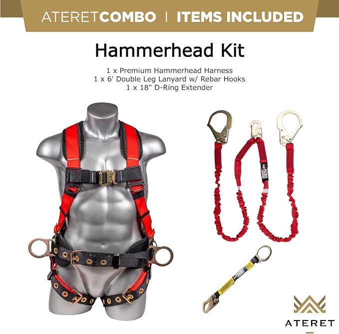 Fall Protection Hammerhead Kit I 5pt Safety Harness, 6' Double Leg Lanyard, 18" D-Ring Extender (Red - MD)
