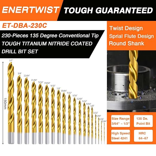 Enertwist Titanium Drill Bit Kit Set 230 Pieces Coated HSS Conventional 135° Tip High Speed Steel for Wood/Cast Iron/Plastic/Fiberglass from 3/64inch up to 1/2 Inch, ET-DBA-230C