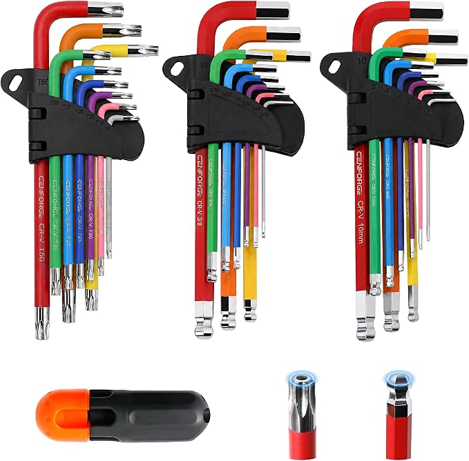 28-Piece Magnetic Allen Wrench & Torx Set – Long Arm Hex Keys (Metric, SAE, Star T10-T50) with Torque T-Handle – CR-V Steel Ball End Kit for Bike Repair, Automotive & Home DIY