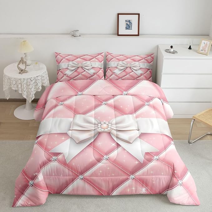 Feelyou Bow Comforter Set Queen Size Glitter Bowknot Bedding Set for Kids Boys Girls Princess Duvet Quilt Bedroom Decor Microfiber 3 Pcs with 2 Pillow Cases